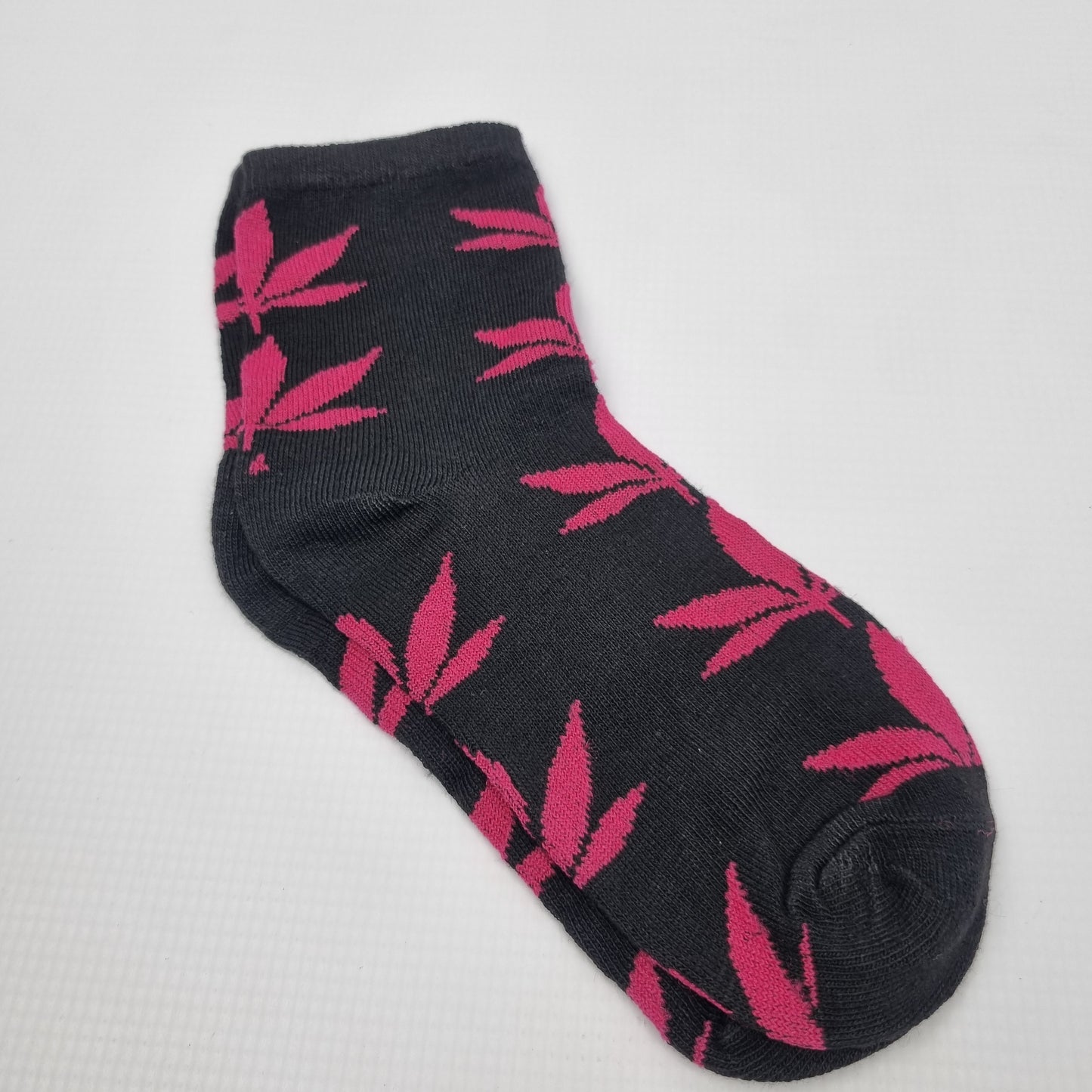 Black and pink cannabis leaf crew socks